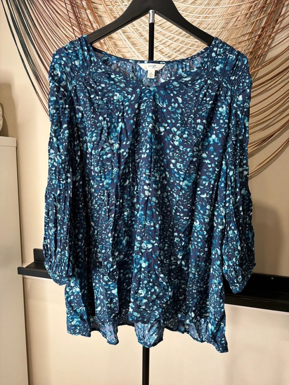 Terra and sky blue floral BoHo top 1X 3398